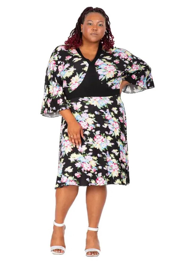 Vienna Women's Plus Size Spring Floral Print Bell Sleeves V Neck Casual Flowy Mini Dress, Black Floral / Black, hi-res image number 0