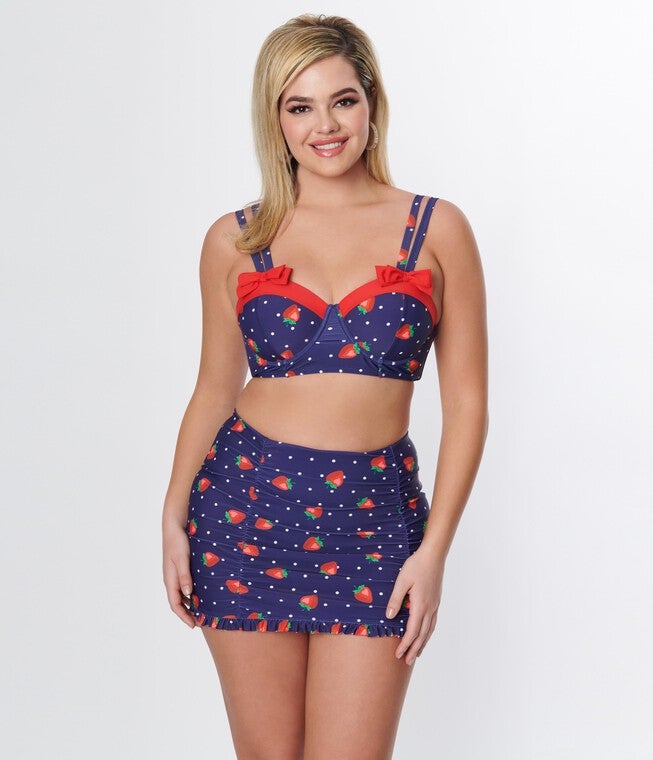 Unique Vintage Navy Strawberry Pin Dot Bowed Over Swim Top, Navy Strawberry Pin Dot / Navy, alternate image number 2