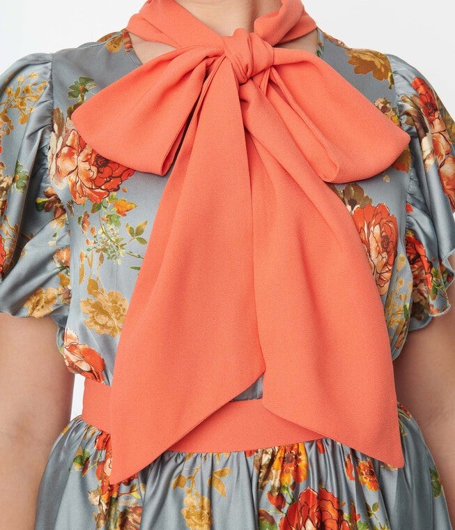 Unique Vintage Antique Blue & Orange Floral Satin Swing Dress, Blue Orange Floral / Dusty Blue, alternate image number null