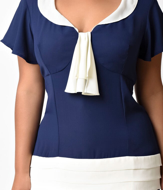 Unique Vintage 1920s Navy Blue & Ivory Wilshire Flapper Day Dress, , alternate image number 6