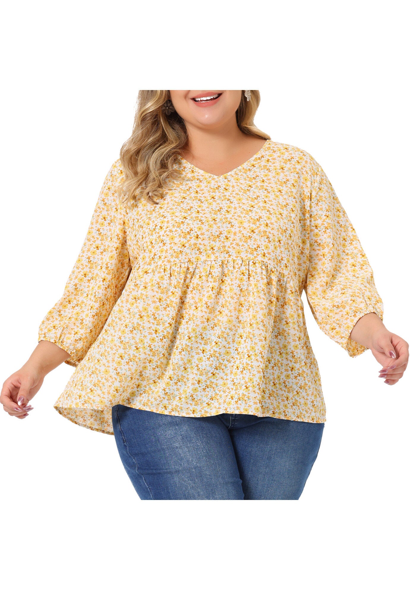 V Neck Babydoll Flowy 3/4 Lantern Sleeve Floral Blouse, Beige / Beige, alternate image number 2