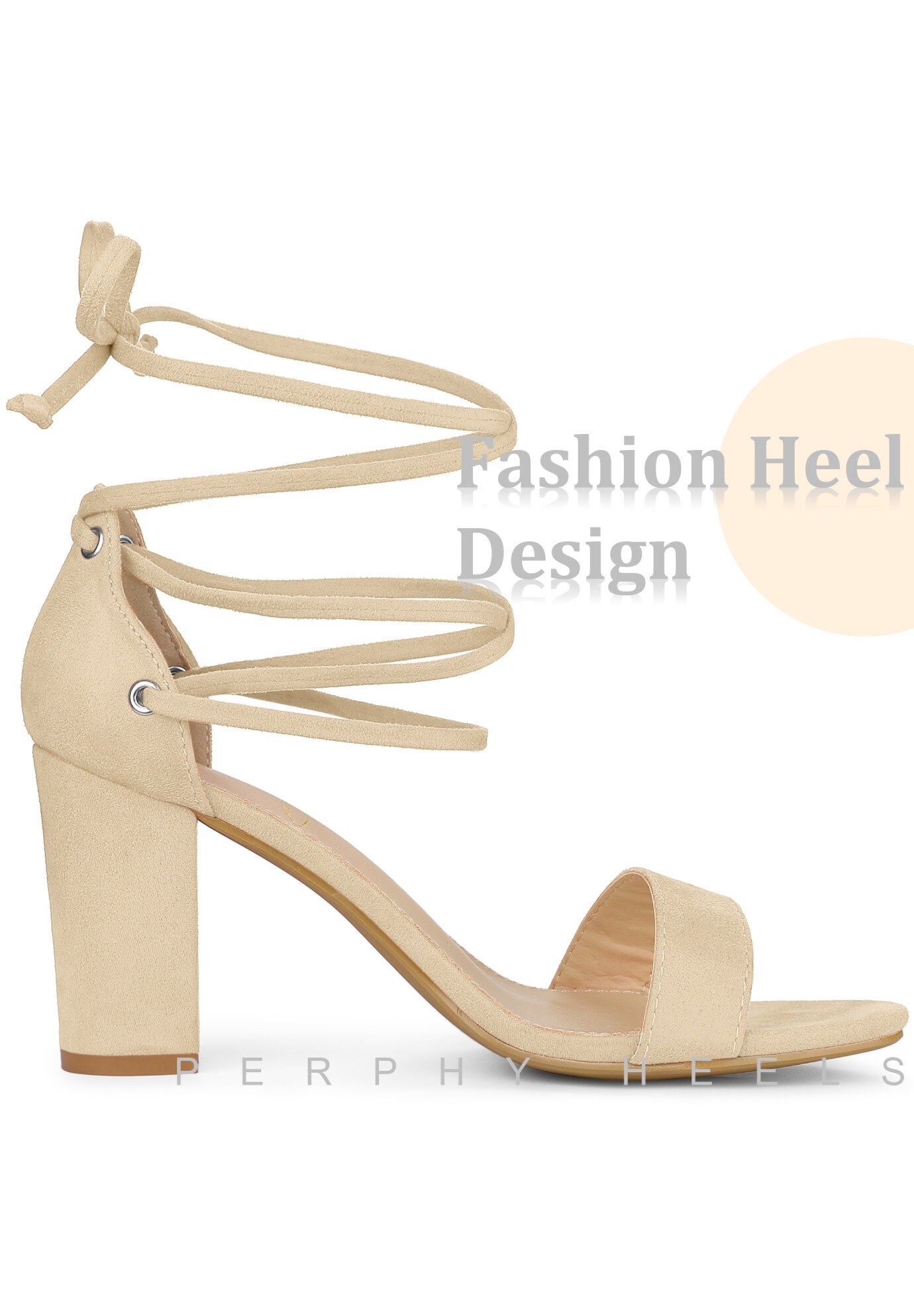 Strappy Lace Up Chunky High Heel Sandals, Beige / Beige, alternate image number 3