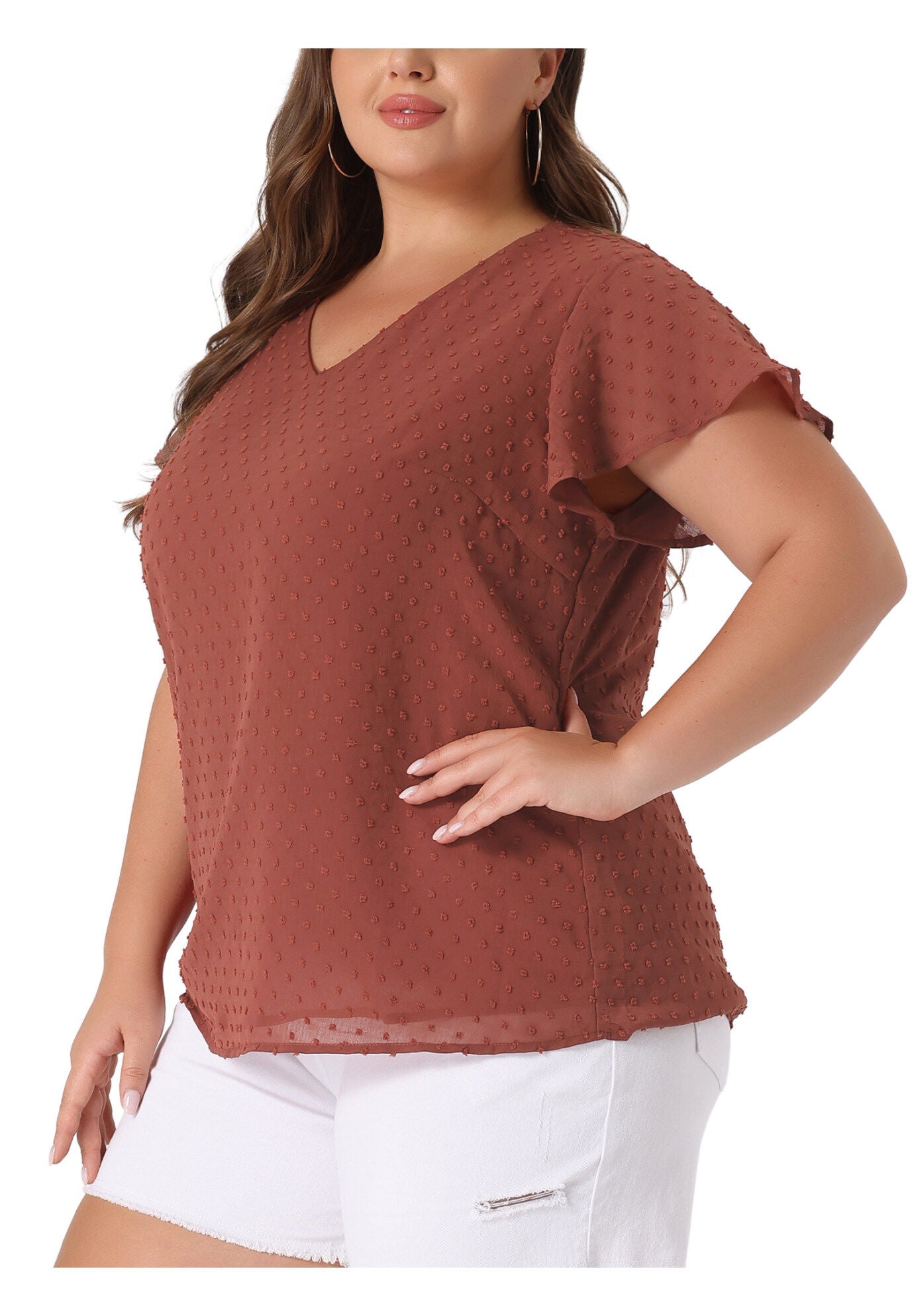Swiss Dots Blouse V Neck Summer Short Sleeve Casual Top, Caramel / Brown, alternate image number 1