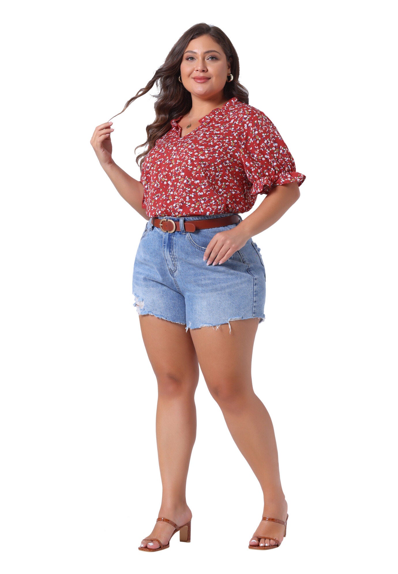 Floral V Neck Ruffle Puff Short Sleeve Blouse, Red / Red, hi-res image number 0