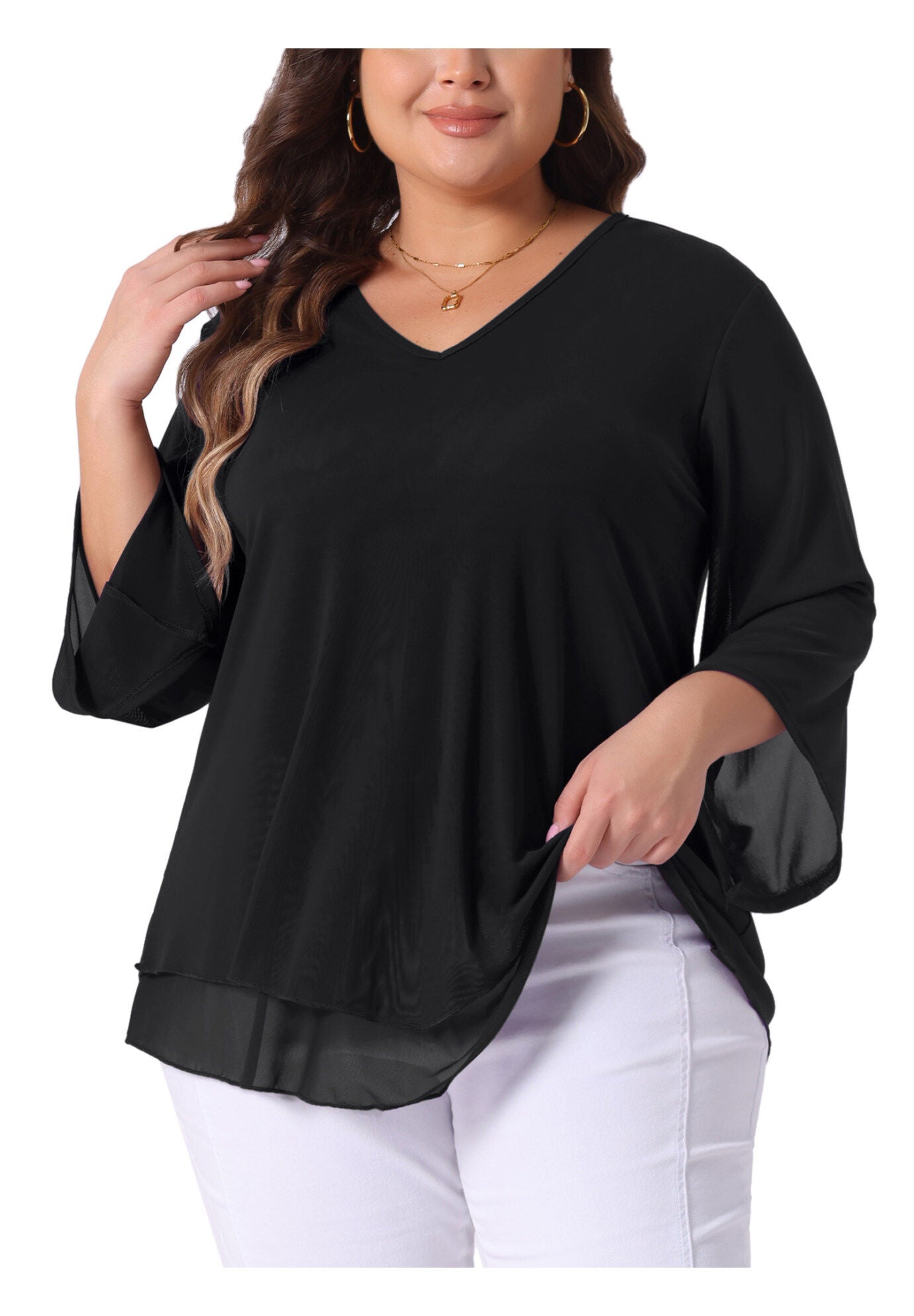 3/4 Sleeve Scoop Neck Double Layers Chiffon Blouse, Black / Black, alternate image number 1