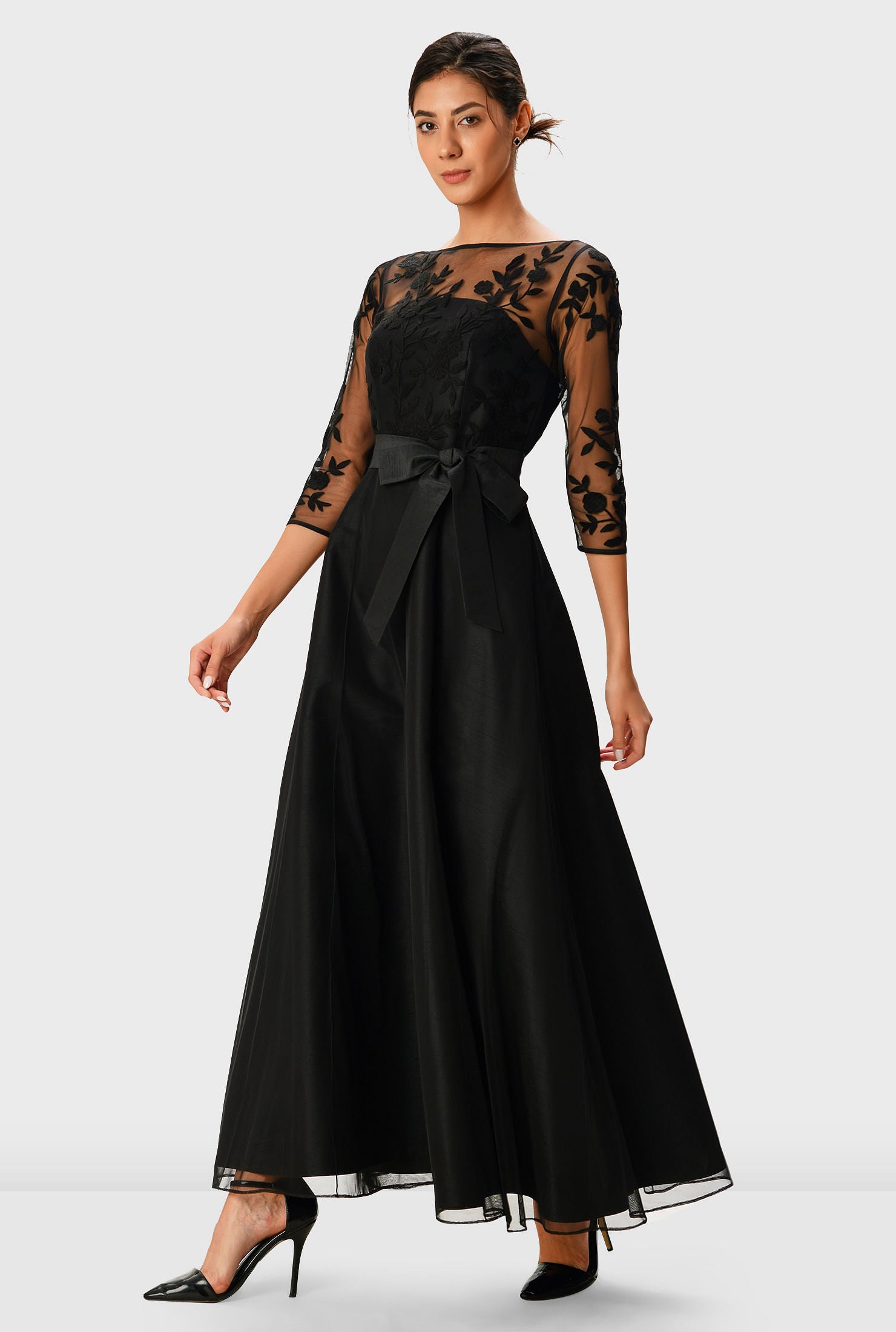 Floral Embroidery Illusion Tulle And Dupioni Dress, , alternate image number 5