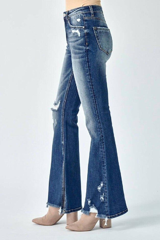 WOMEN'S FLARE DISTRESSED HIGH RISE SLIT JEANS IN BLUE, , alternate image number null