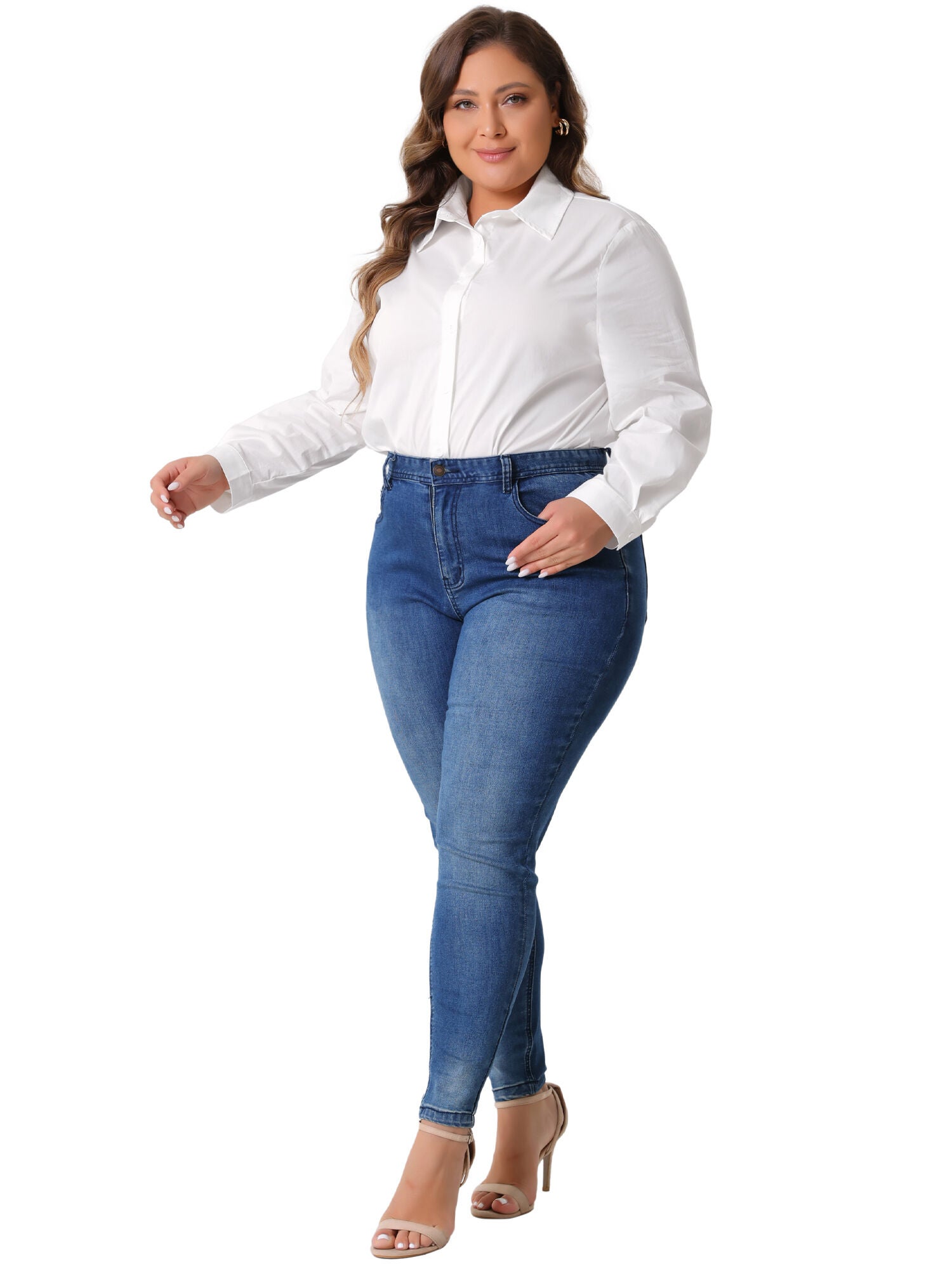 Button Down Long Sleeve Bodysuit Shit Top, White / White, alternate image number 2