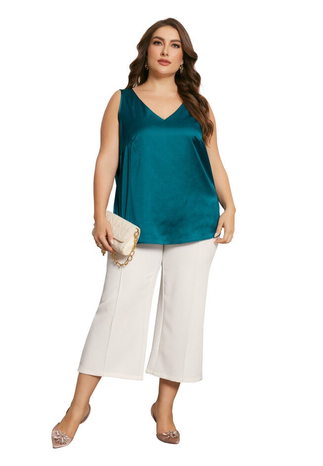 Satin Tank Top V Neck Casual Sleeveless Cami, Peacock Blue / Quetzal Green, hi-res image number 0