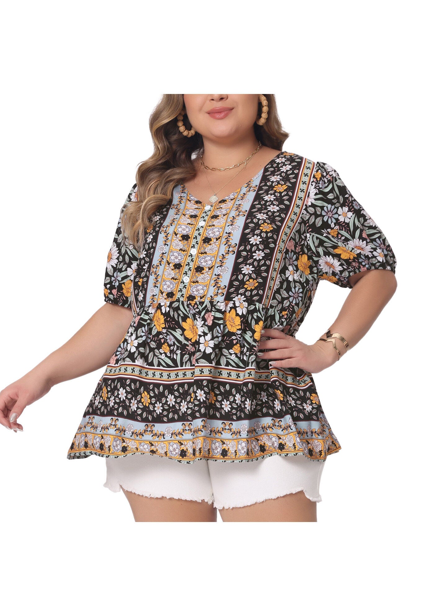 Boho Floral Print V Neck Peplum Loose Blouse, Black / Black, alternate image number 2