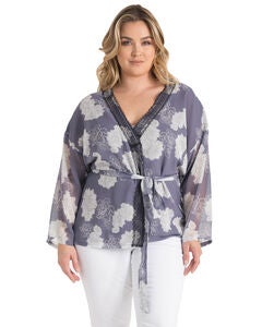 Plus Size Irna Floral Print Belted Kimono Cardigan Cover Up