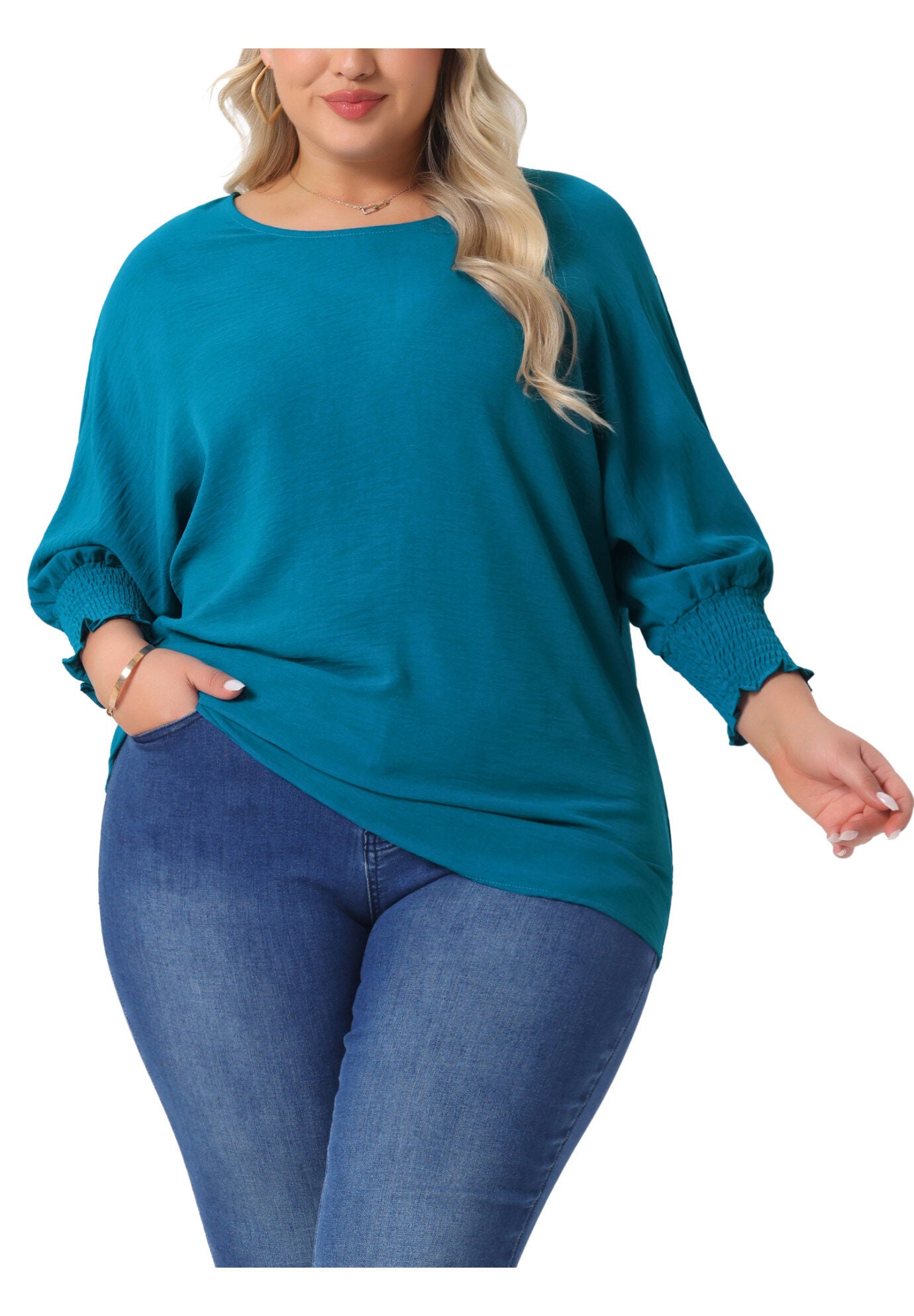 Chiffon Top Batwing Ruffle Long Sleeve Loose T-Shirt Blouse, Lake Blue / Teal, alternate image number 2