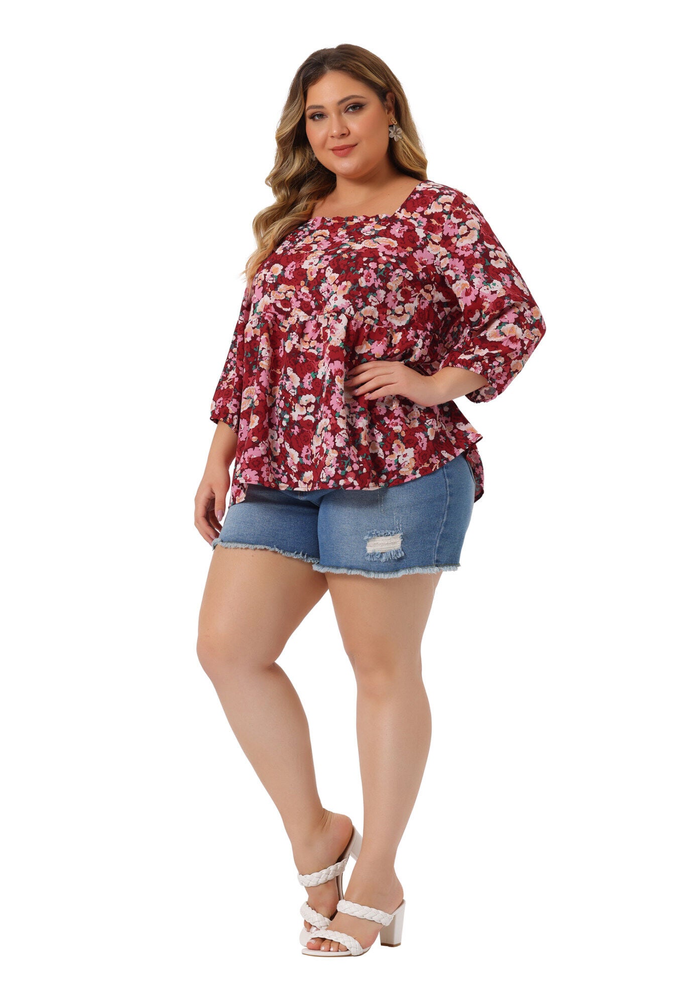 3/4 Sleeve Floral Peplum Babydoll Blouse, Red / Red, hi-res image number 0