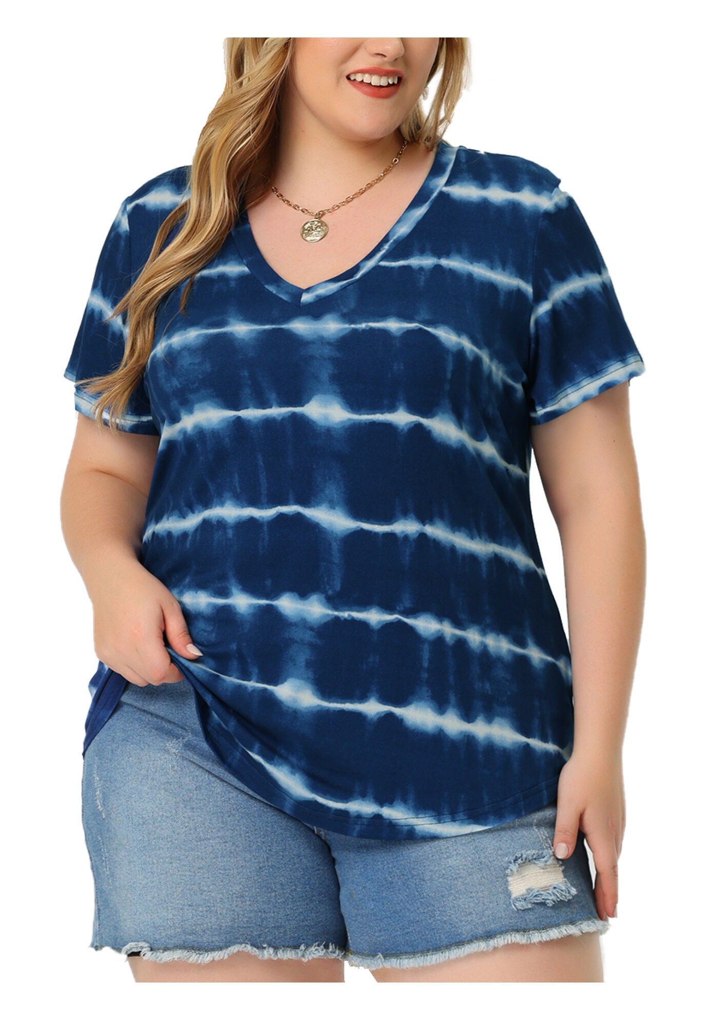 V Neck Short Sleeve Tie Dye Summer Top, Blue / Navy, alternate image number 2