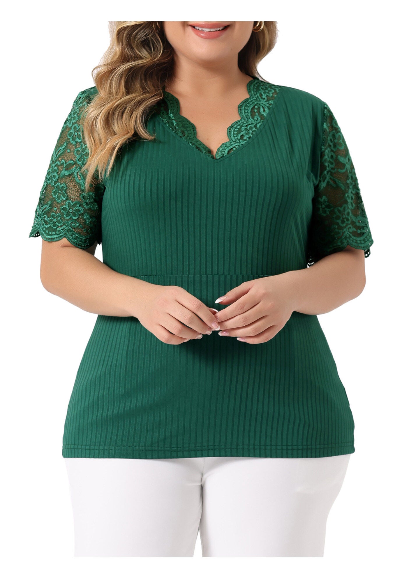 V Neck Short Sleeve Lace Ribbed Knit Tunic Top, Green / Forest Green, alternate image number 1