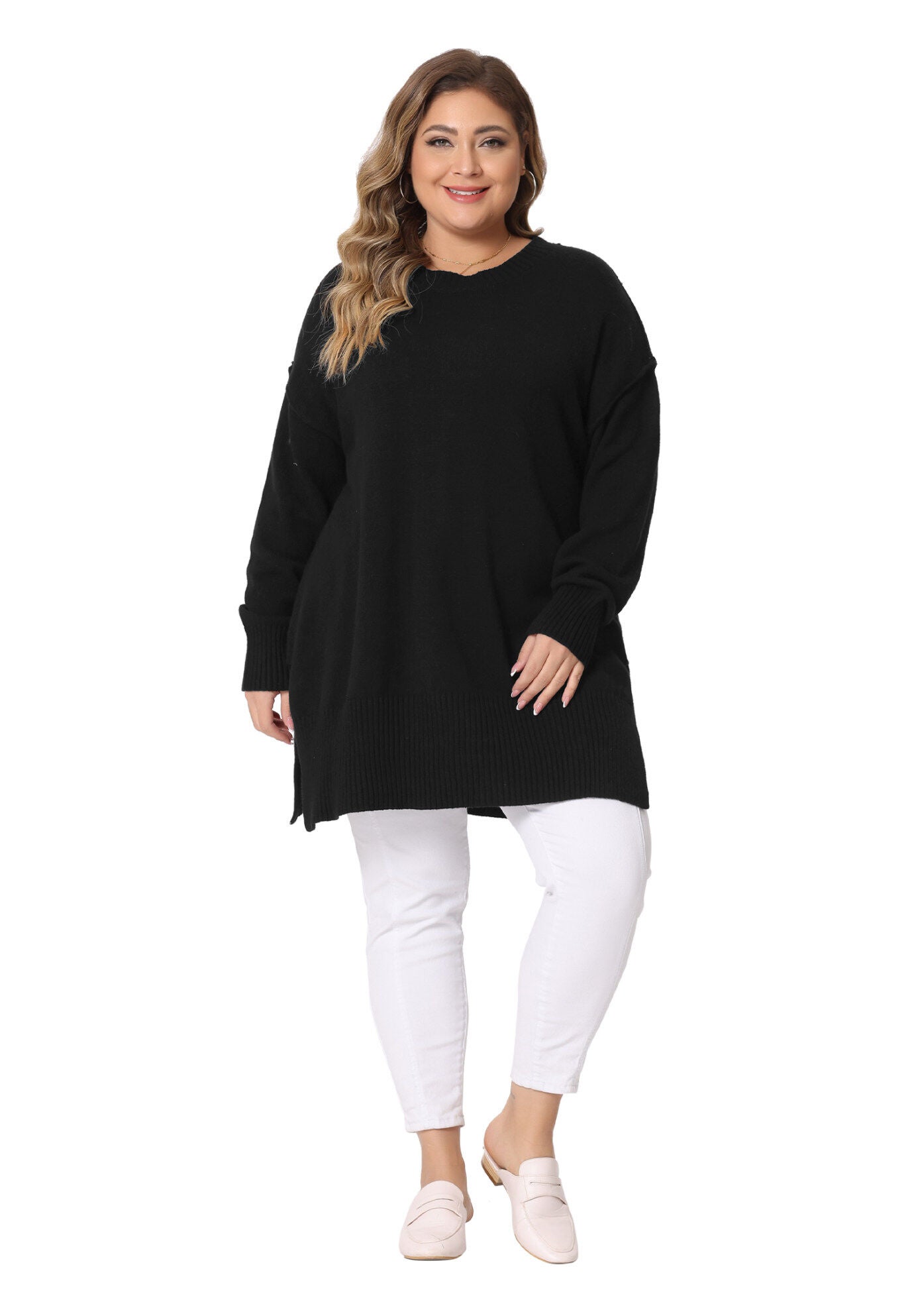 OVERSIZED CREW NECK LONG SLEEVE SLIT HEM KNIT PULLOVER SWEATER, Black / Black, hi-res image number 0