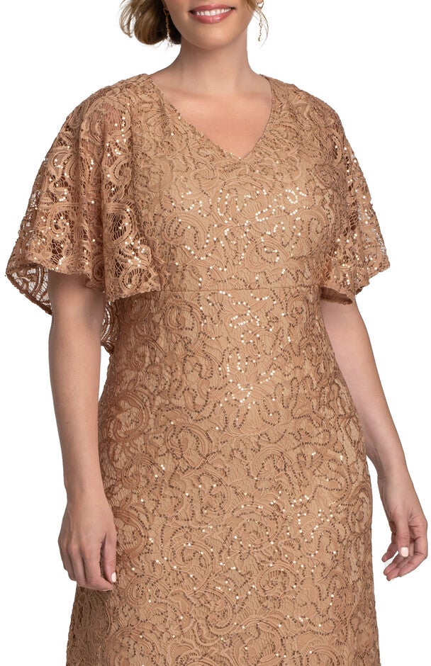 Celestial Cape Sleeve Gown, CHAMPAGNE / Gold, alternate image number null