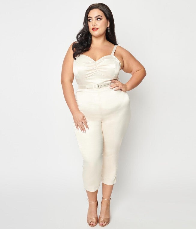 Unique Vintage Cream Satin Bridal Marcel Jumpsuit, White / White, alternate image number null