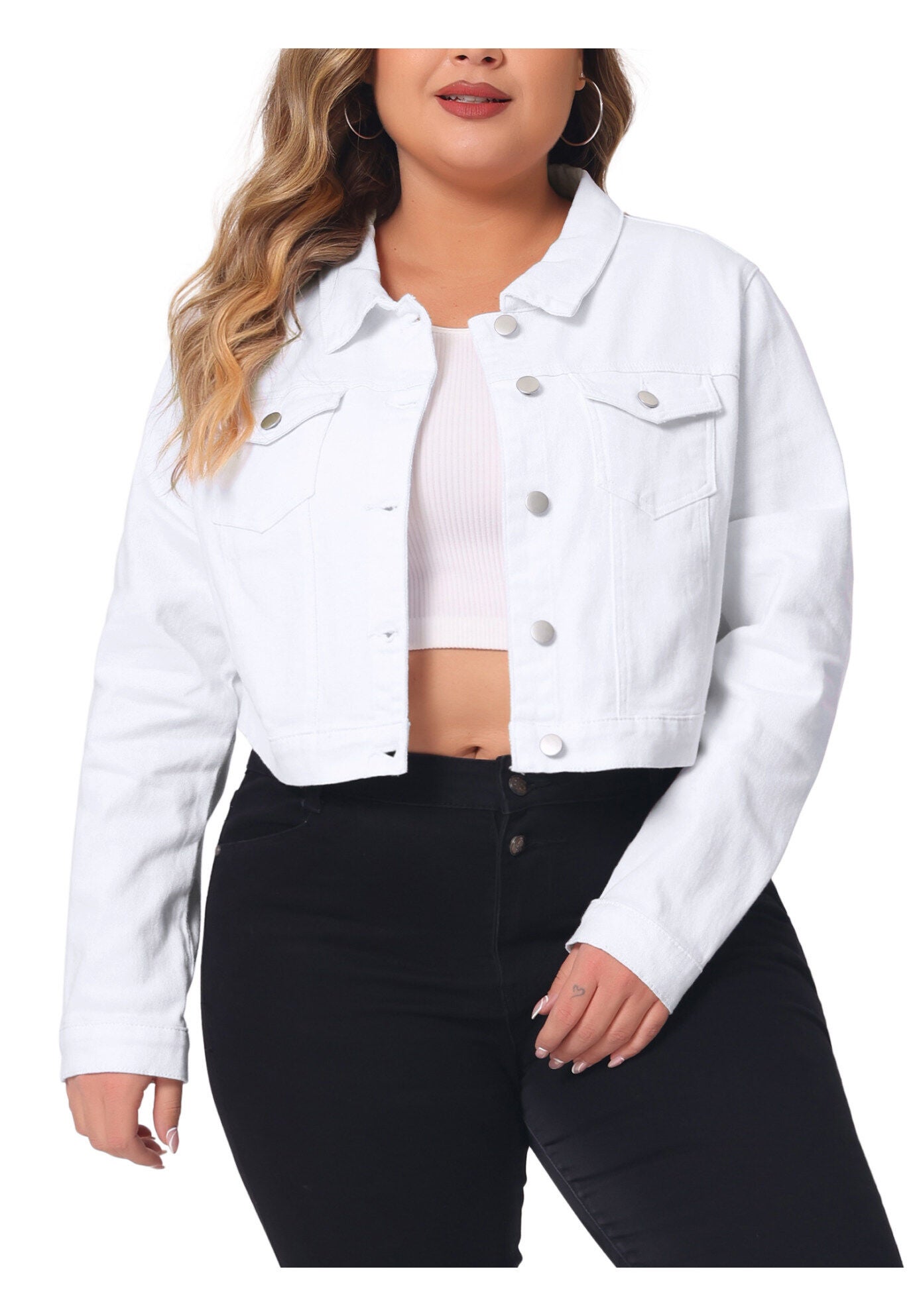 BUTTON CLOSED CROPPED DENIM JACKET, White / White, alternate image number 2