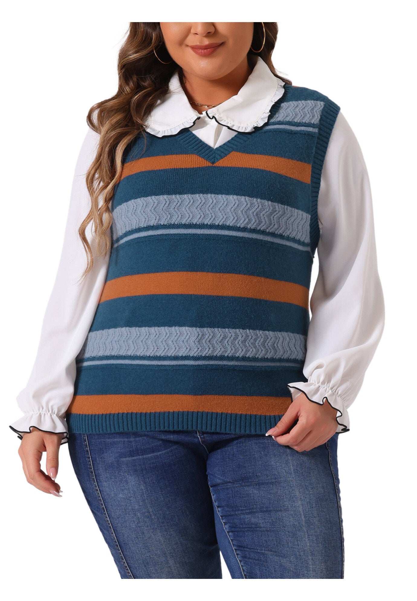 V Neck Striped Knit Casual Pullover Sweater Vest, Blue / Dusty Blue, alternate image number 2