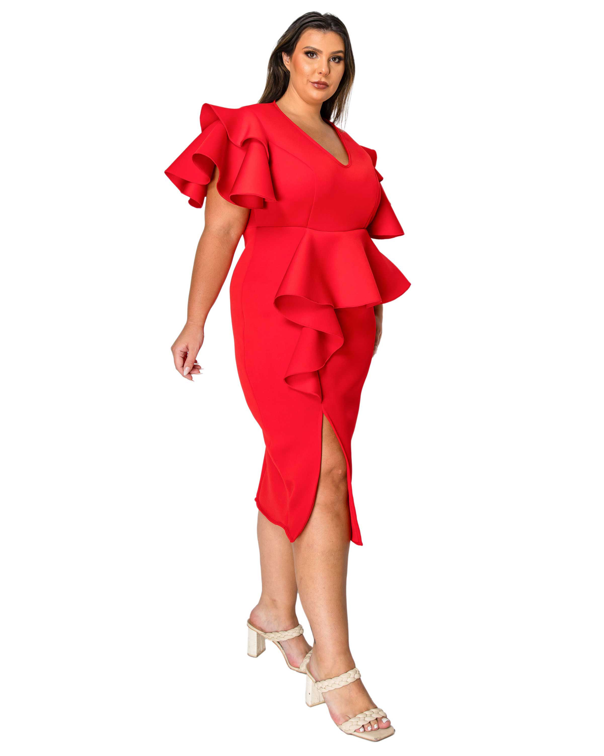 KIRA NEOPRENE PEPLUM DRESS, Red / Red, alternate image number 1