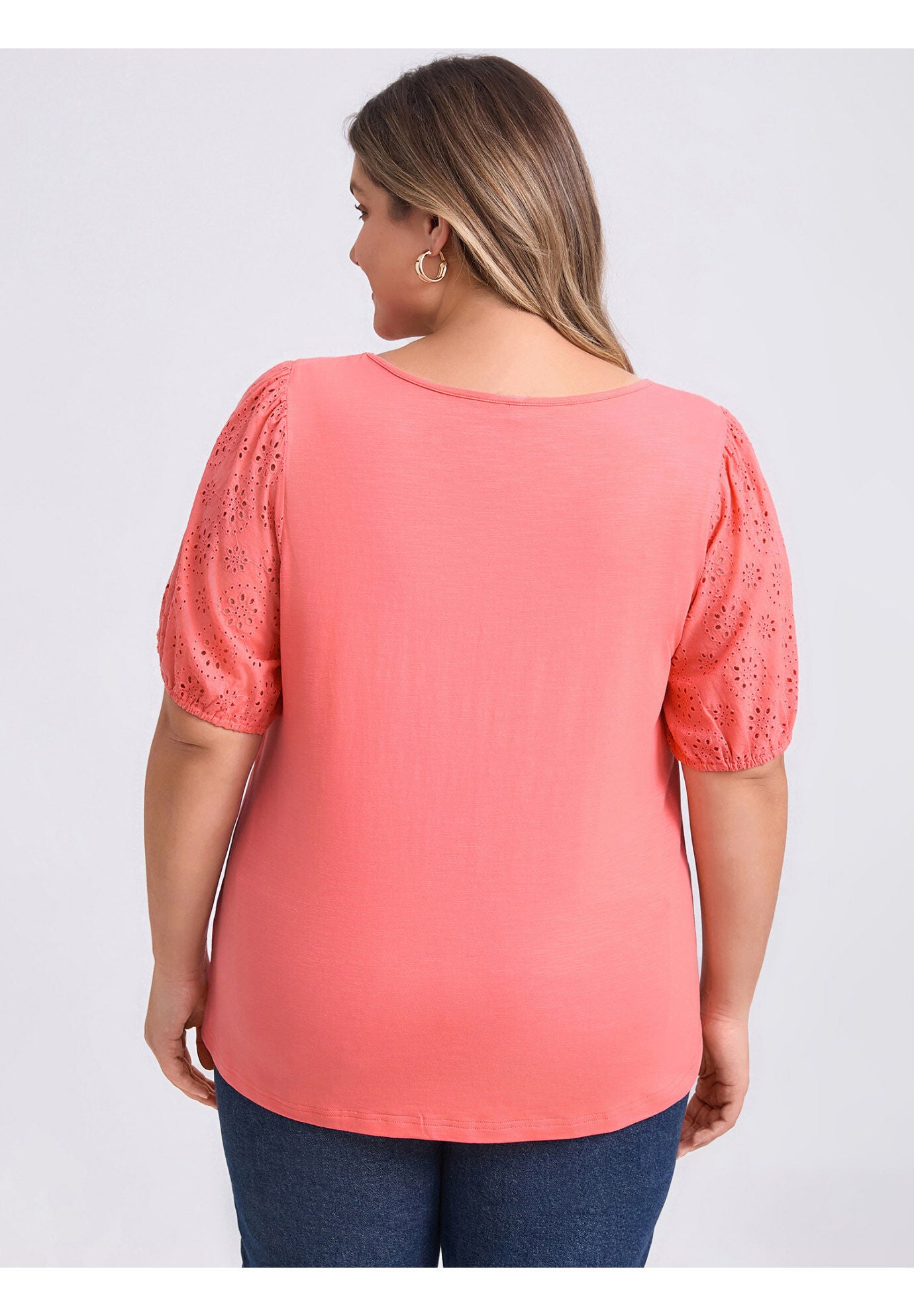 Round Neck Embroidered Panel Hollow Puff Short Sleeve Blouse, Coral Red / Coral, alternate image number 2