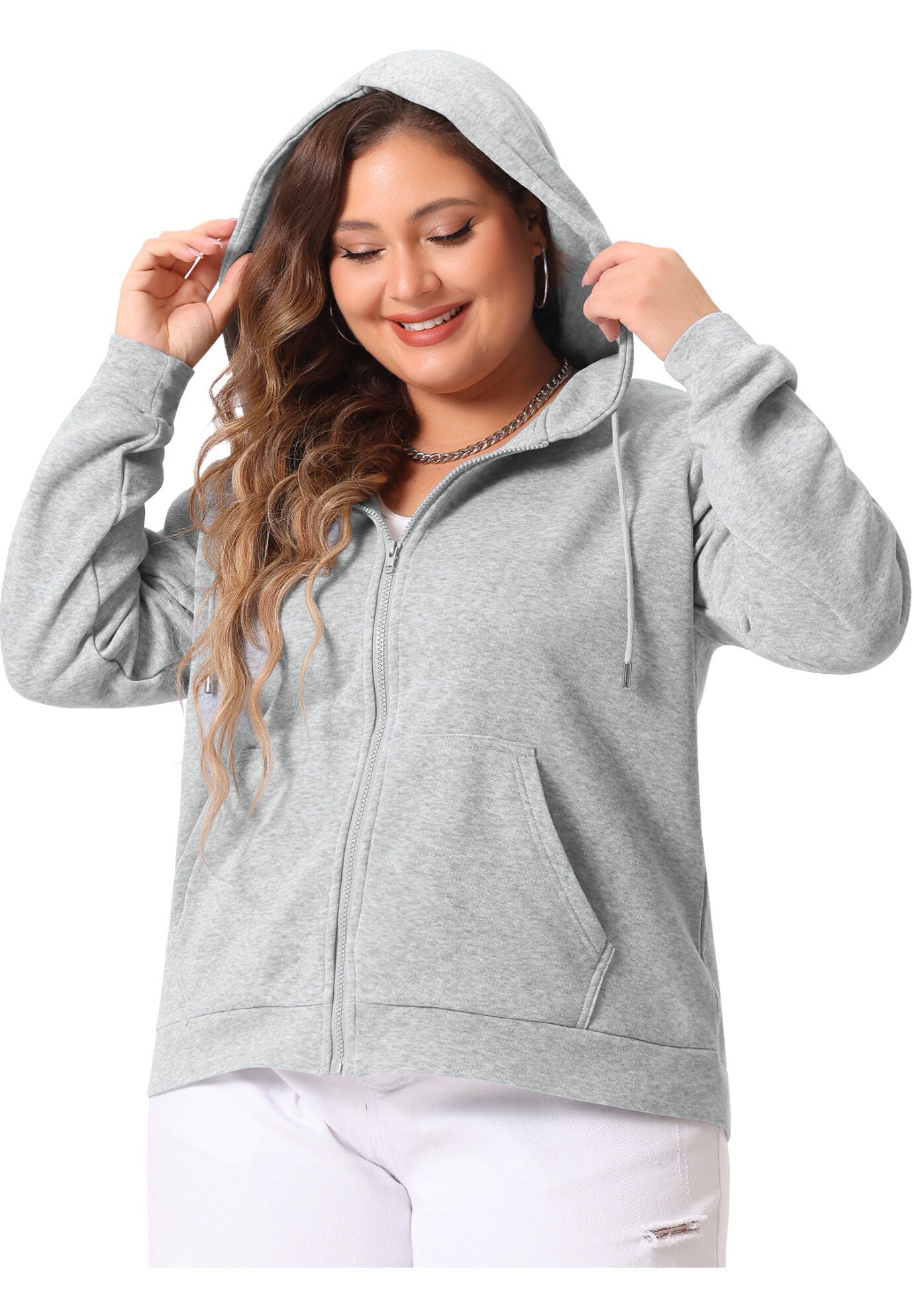 HOODIES FULL ZIP UP LONG SLEEVE SWEATSHIRT JACKET, Grey / Light Grey, alternate image number 2