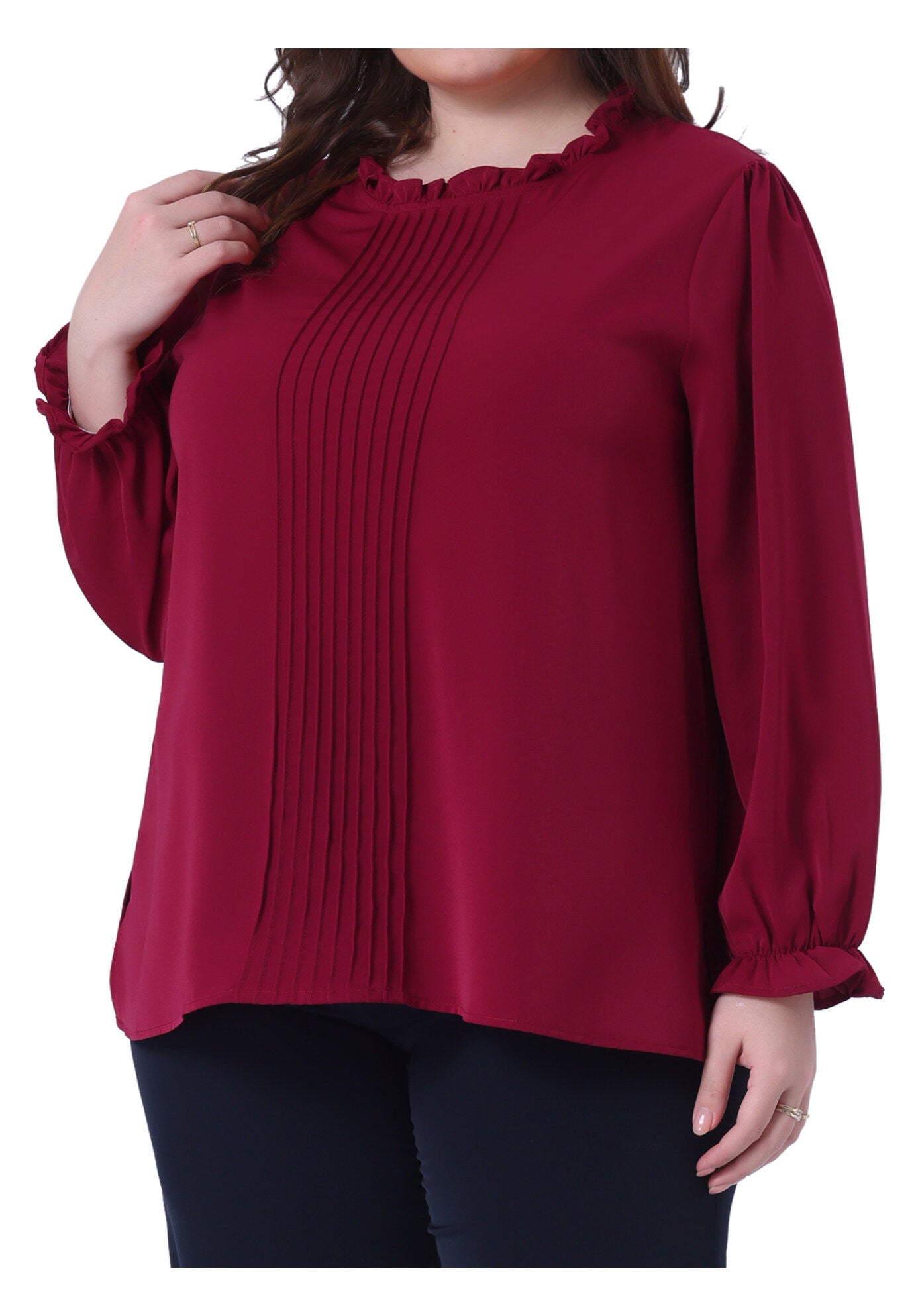 Long Sleeve Ruffle Front Pleated Top Elastic Cuff Blouse, Burgundy / Burgundy, alternate image number 1