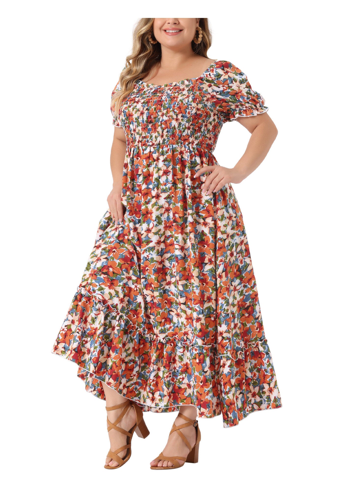 Short Sleeve Shirred Square Neck Floral Maxi Dress, Red / Red, alternate image number 2