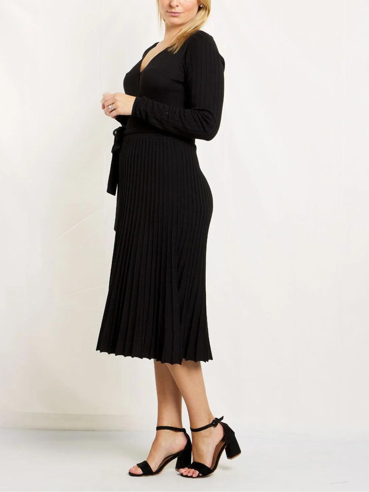 Adelina Dress Knit Pleated Skirt Crossover Top, Black / Black, alternate image number 3