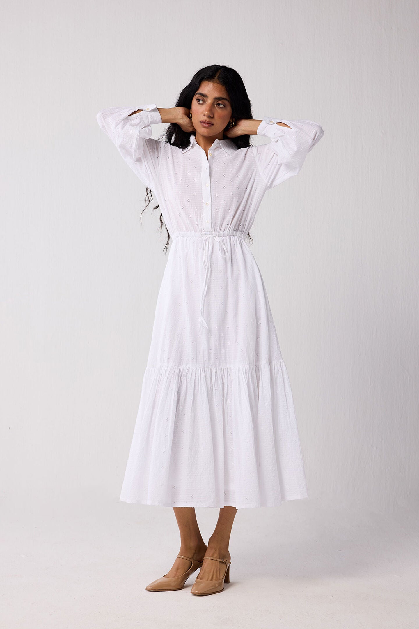 Embroidered Flowy Maxi Tiered Dress in White, Textured Eyelet in White / White, alternate image number 5