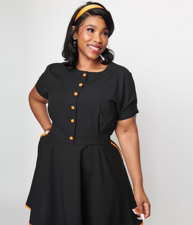Unique Vintage Black & Pumpkin Button Varsity Crop Cardigan, Black / Black, hi-res image number null