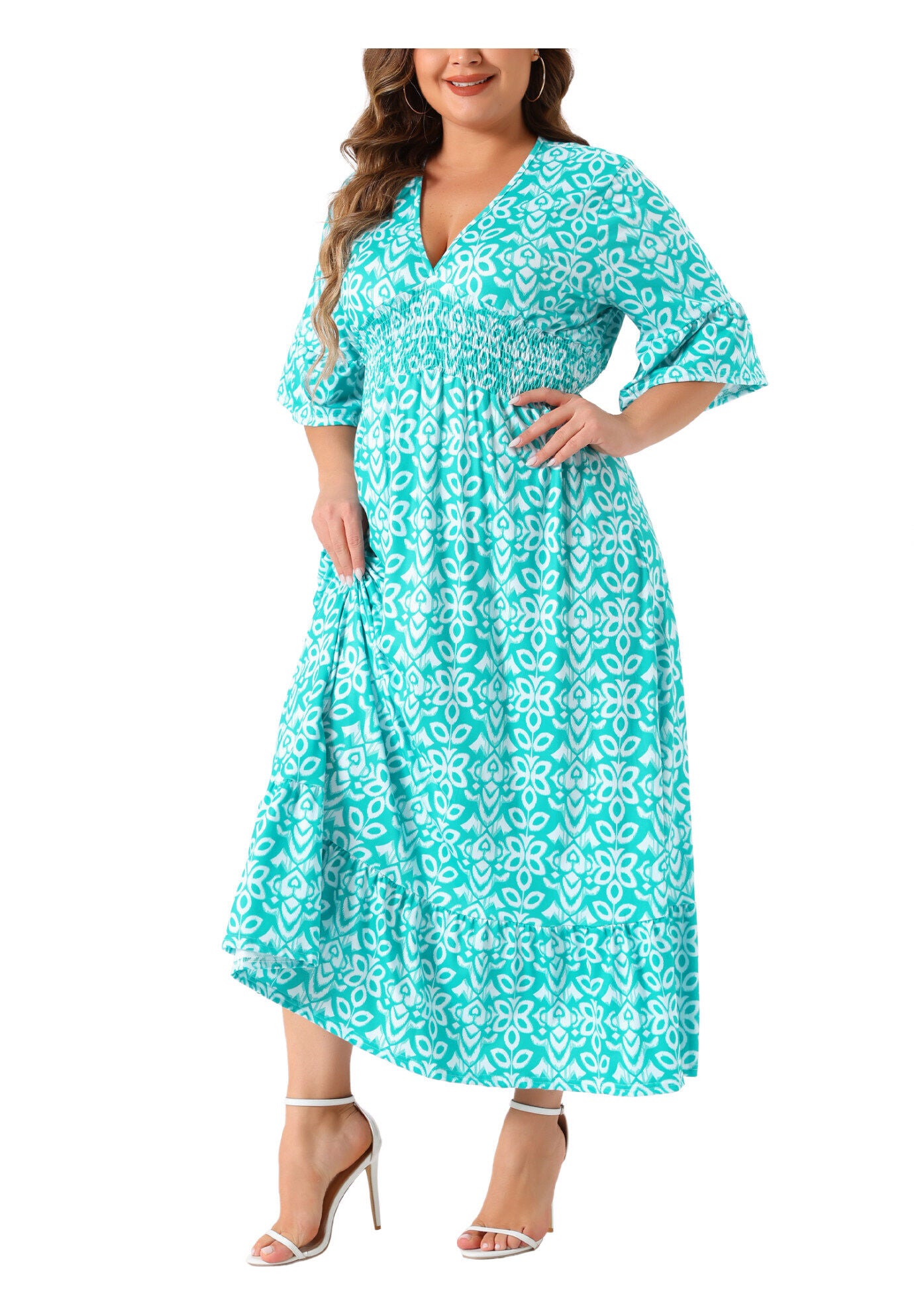 Bell Sleeve Ruffled Hem V Neck Short Sleeve Boho A Line Long Dress, Lake Green / Turquoise, alternate image number 1