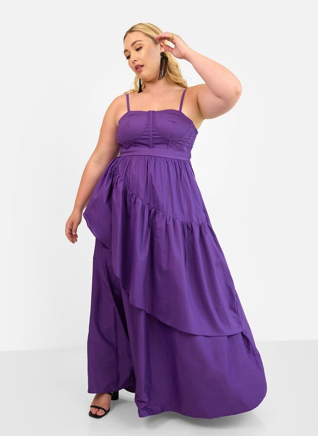 VIOLETTE POPLIN CORSET RUFFLE MAXI A LINE DRESS - PLUM, Purple / Purple, alternate image number 2