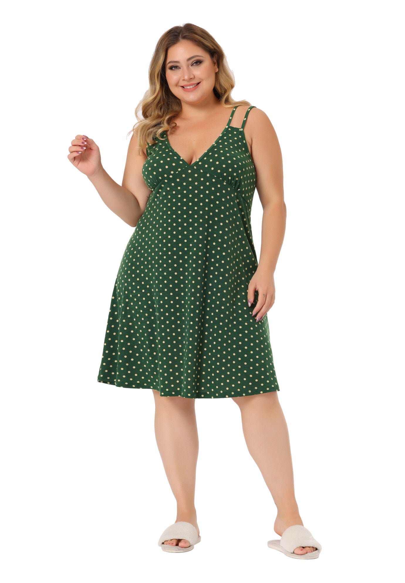CAMI DEEP V KNIT POLKA DOTS NIGHTGOWN LINGERIE, Dark Green / Forest Green, hi-res image number 0