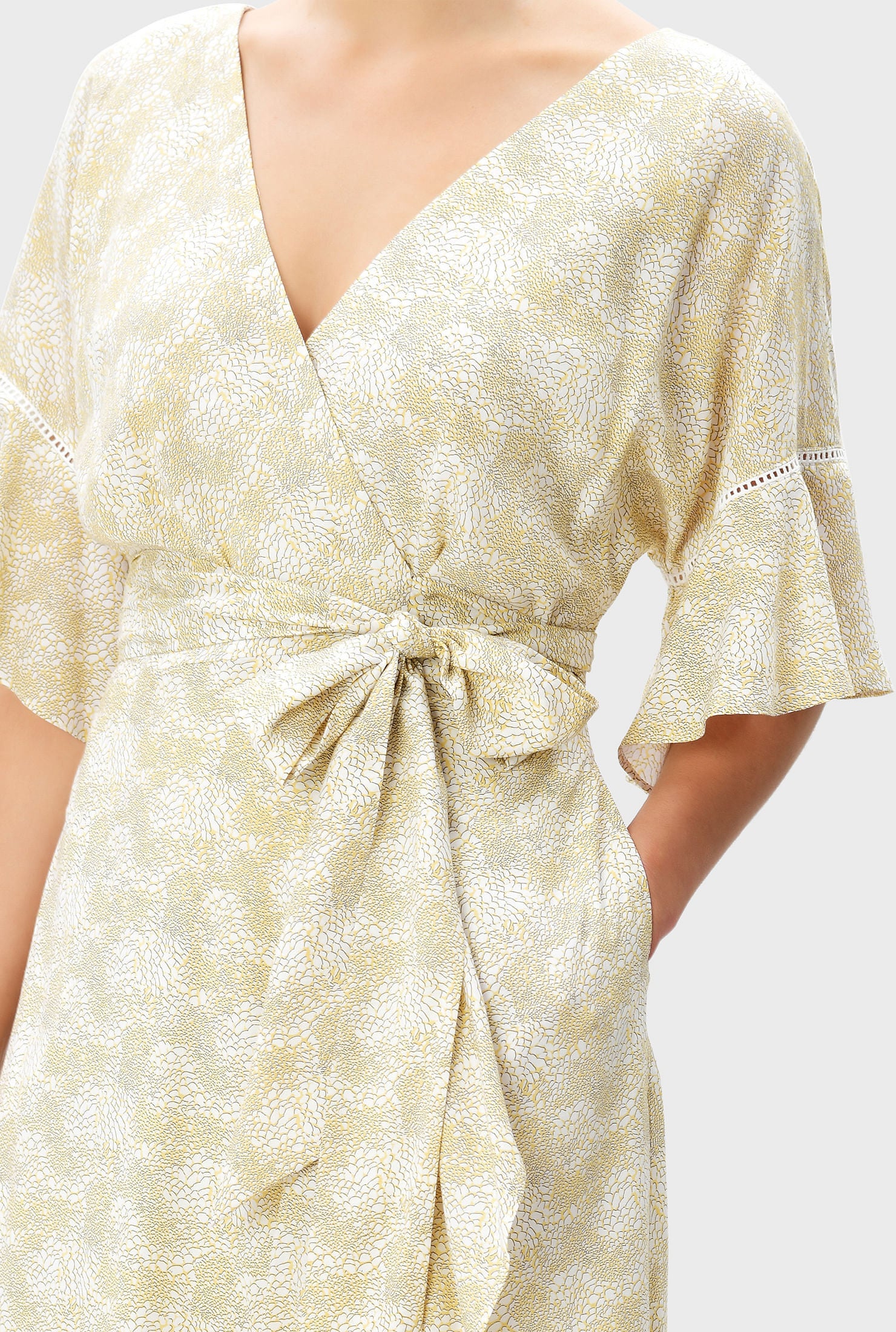 Graphic Floral Print Modal Ruffle Flounce Wrap Dress, Golden Yellow / Cream, alternate image number 4