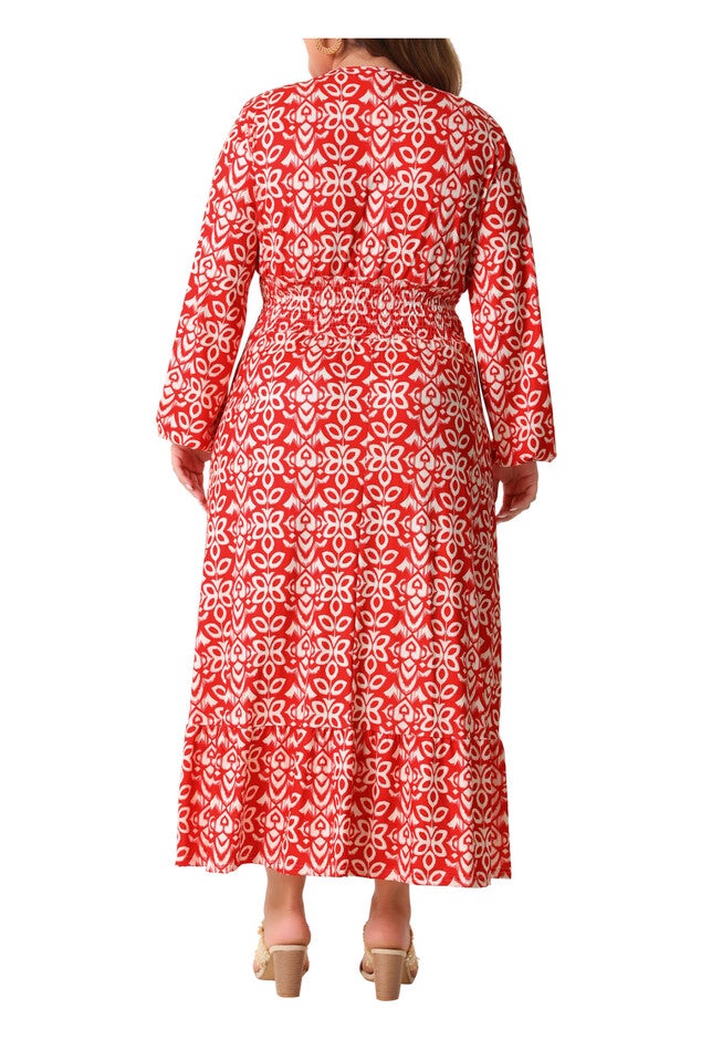 Boho Dresses Floral Print Deep V Neck Waist Wrap Long Sleeve Loose Maxi Dress, Red / Red, alternate image number null