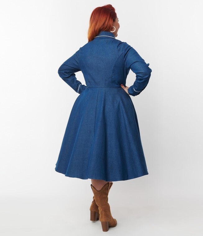 Unique Vintage Denim Western Shirt Swing Dress, Denim / Dark Wash, alternate image number null