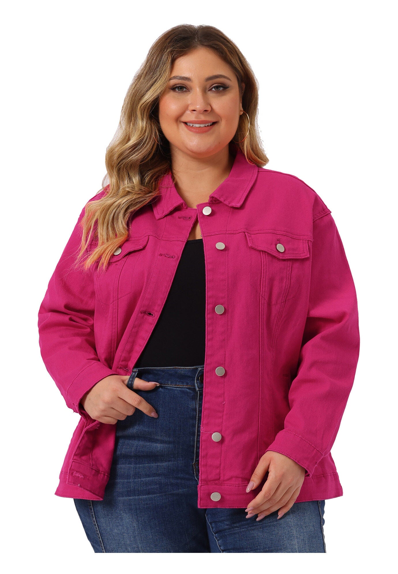STITCHING BUTTON FRONT WASHED DENIM JACKET, Hot Pink / Deep Fuchsia, alternate image number 1