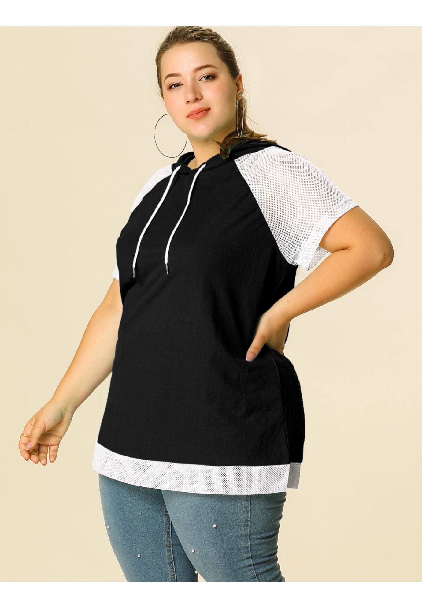 SHORT SLEEVES DRAWSTRING LOOSE RAGLAN HOODIE TOP, Black / Black, alternate image number 3