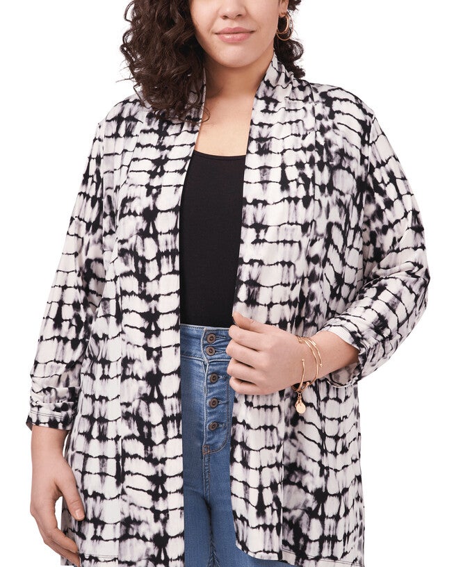 Ruched Sleeve Tie Dye Cardigan, 060RICH BLACK / White, hi-res image number 0