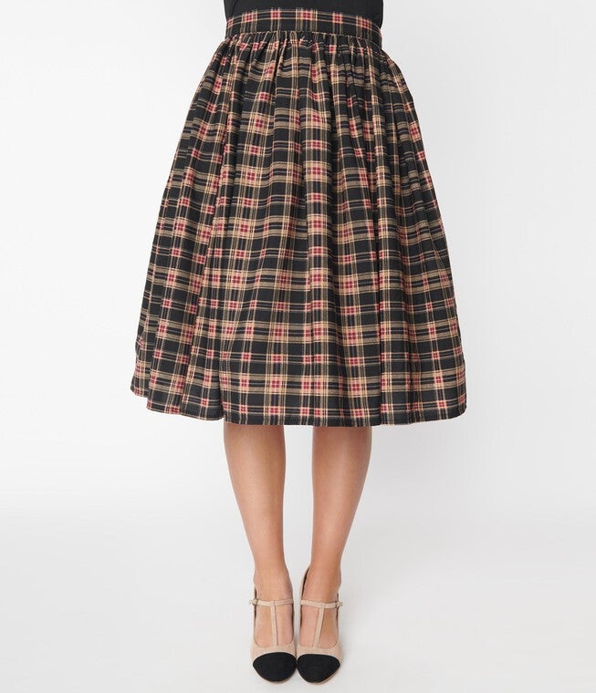 Unique Vintage Black & Burgundy Plaid Gellar Swing Skirt, Black Burgundy Plaid / Black, alternate image number null