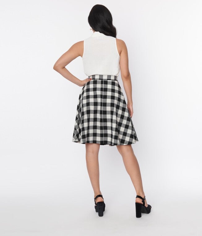 Unique Vintage Black & White Gingham Swing Skirt, Black Gingham / Black, alternate image number 2