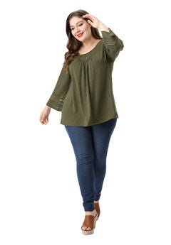 CROCHET PANEL HOLLOW OUT PLEATED TUNICS BLOUSE TOP