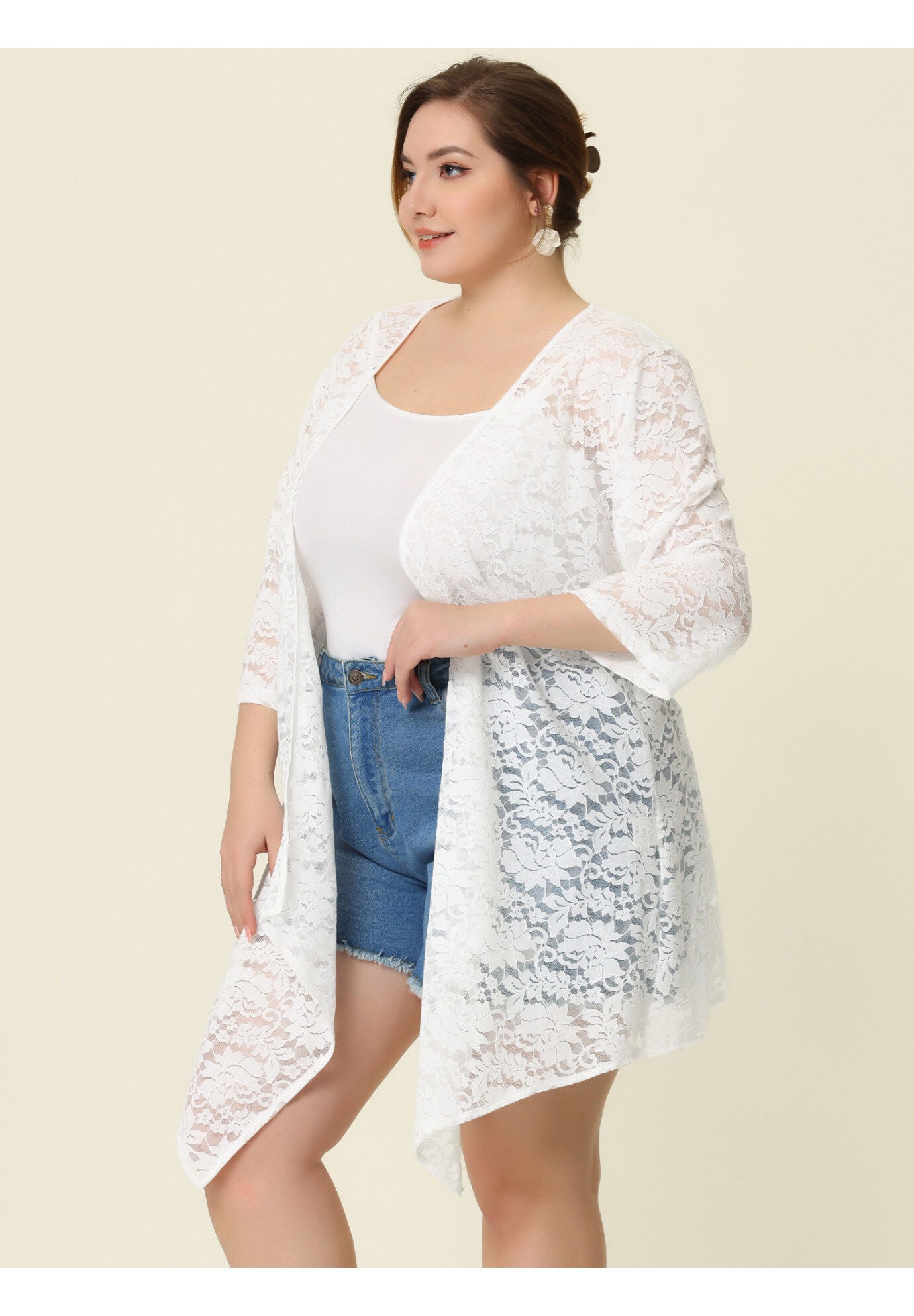 OPEN FRONT 3/4 SLEEVES CROCHET CARDIGAN COVER UP, White / White, alternate image number 1