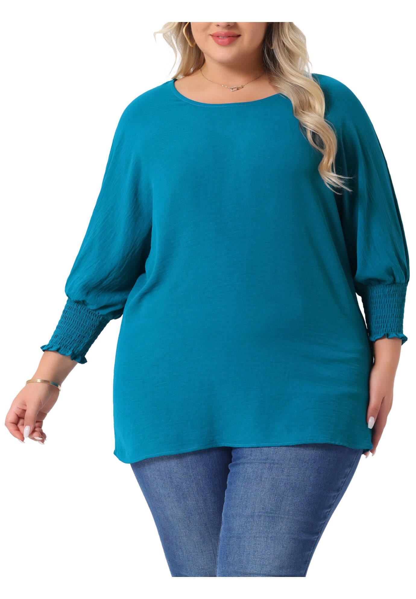 Chiffon Top Batwing Ruffle Long Sleeve Loose T-Shirt Blouse, Lake Blue / Teal, alternate image number 1