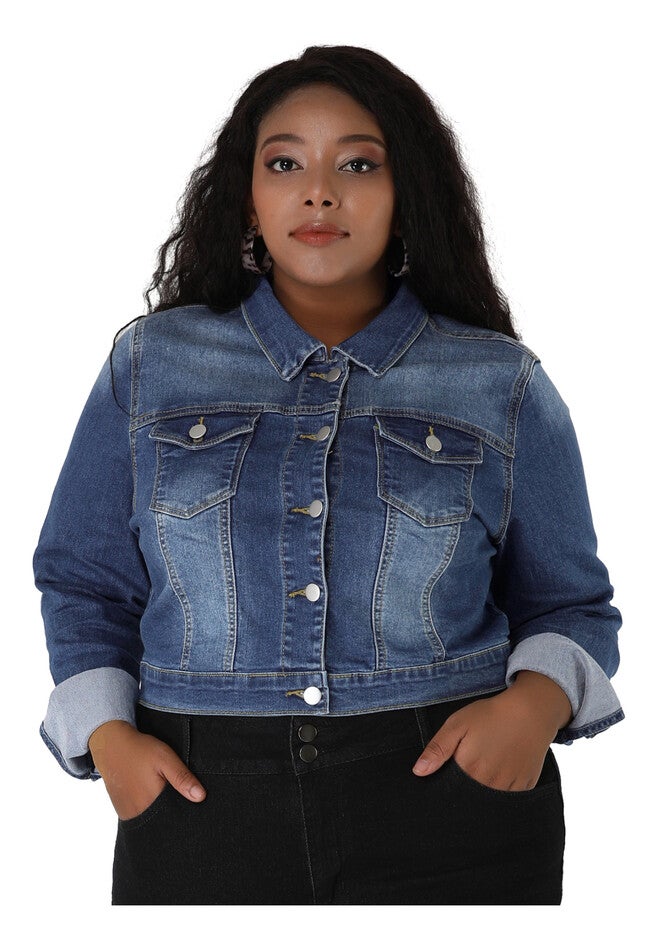 BUTTON CLOSED CROPPED DENIM JACKET, Blue / Light Blue, hi-res image number null