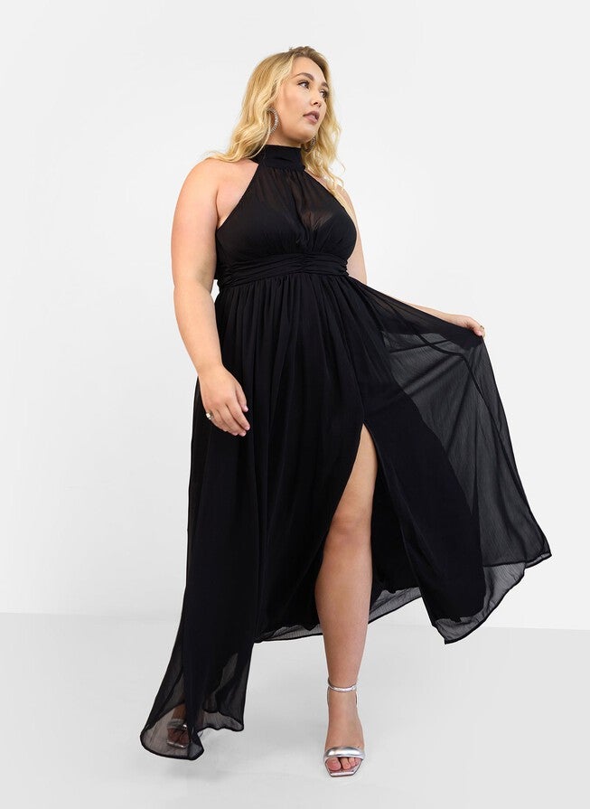 ELISE CHIFFON HALTER MAXI A LINE DRESS W. SLIT, Black / Black, alternate image number null