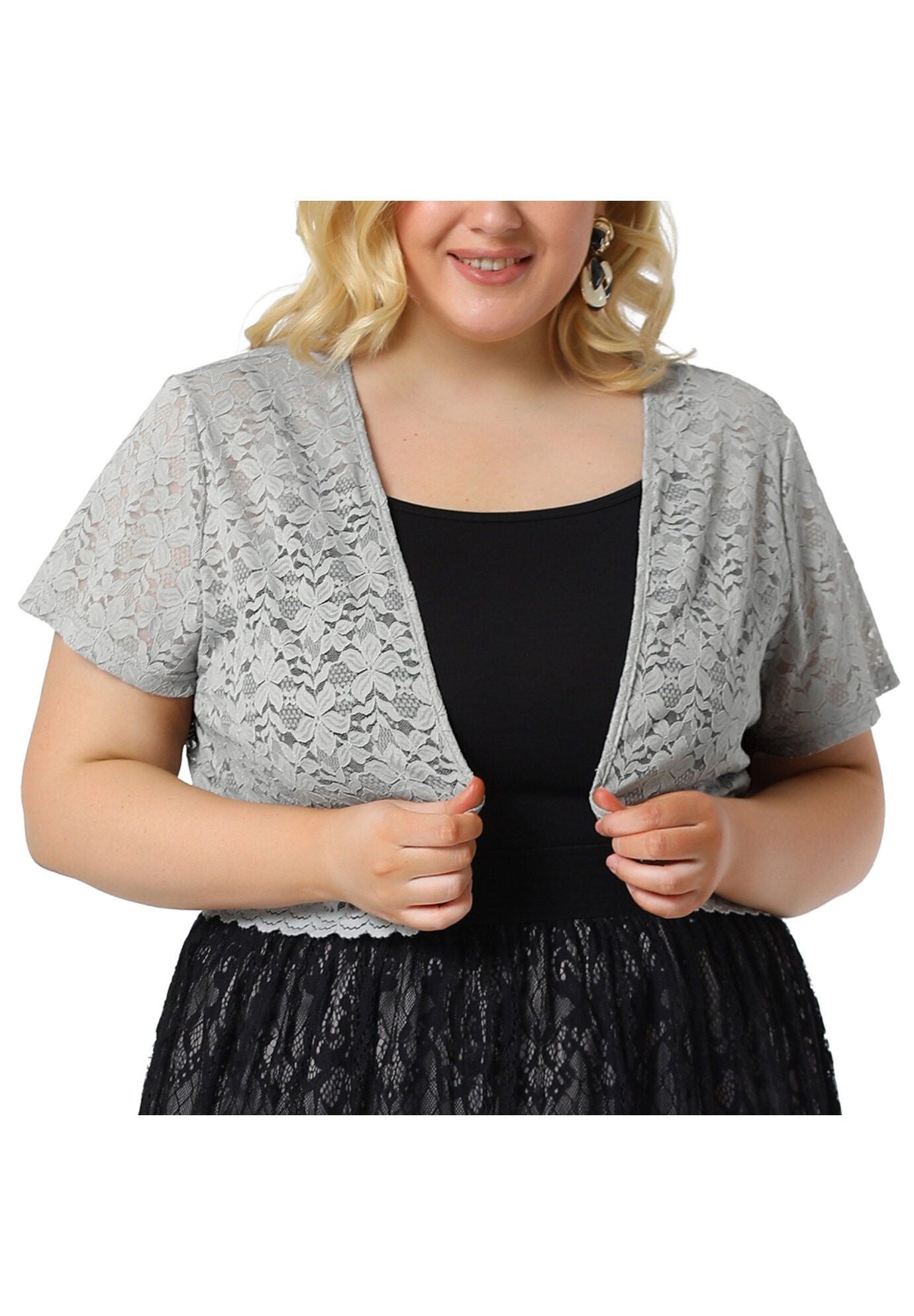 OPEN FRONT SHORT SLEEVE CROCHET LACE CROPPED BOLERO SHRUG CARDIGAN, Grey / Light Grey, alternate image number 2