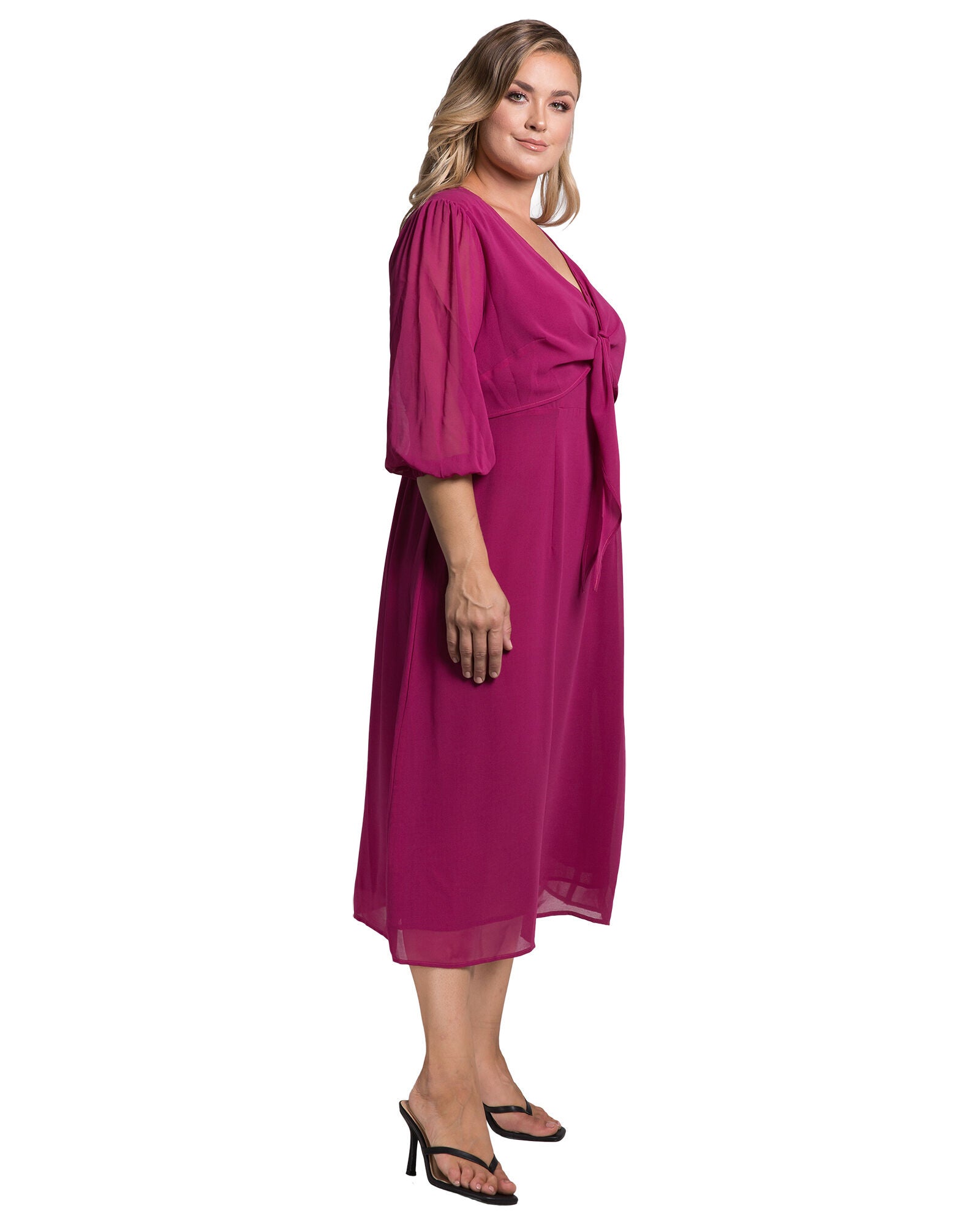 Standards & Practices Tie Front Puff Sleeves Midi Dress, PLUMPIE / Red, alternate image number 4